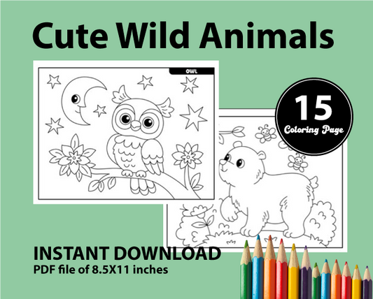 15 Cute Wild Animals Coloring Pages for Kids, Easy Coloring Wild Animals Printable Pages, Printable - SUSAN SHOP