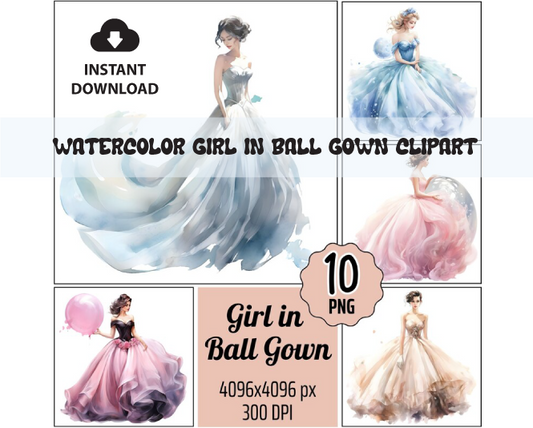 10 PNG Watercolor Girl in Ball Gown Clipart - Digital Download, Prom Fashion Card Making, Model Illustration - SUSAN SHOP